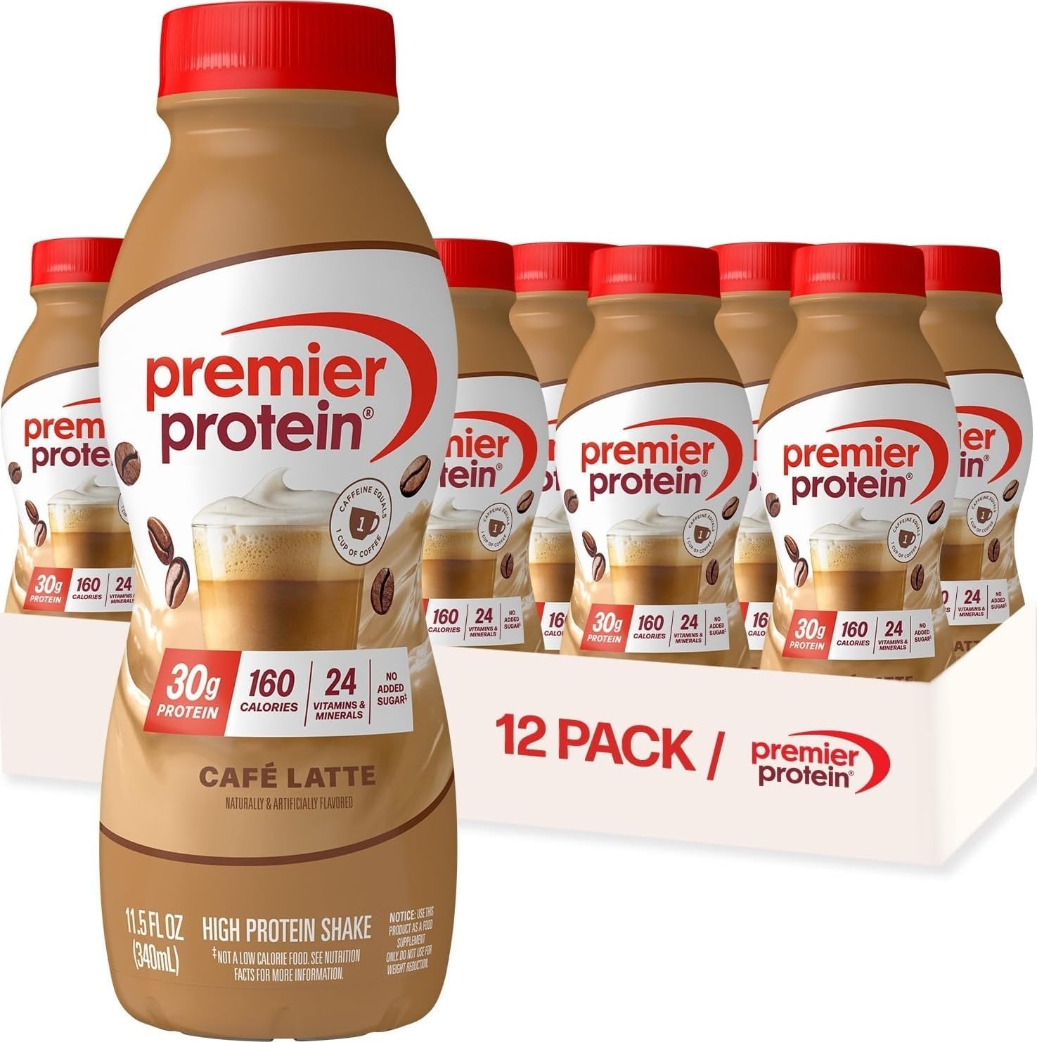 Energy 30g High Protein Shake, Café Latte, 12 Pack | Caffeinated, 160 Calories, 24 Vitamins & Minerals, No Added Sugar, Supports Muscle Health, Gluten-Free, 11.5 oz