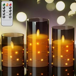 Wondise Glass Flameless Flickering Candles with Embedded Star String Lights | Battery Operated with Moving Wick Acrylic LED Candles with Remote for Home, Wedding, Halloween, Christmas Decor