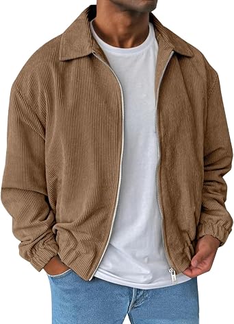 Corduroy Jacket for Men Full Zip Up Lightweight Solid Color Retro Style Cardigan Jacket Spring Fall Outerwear