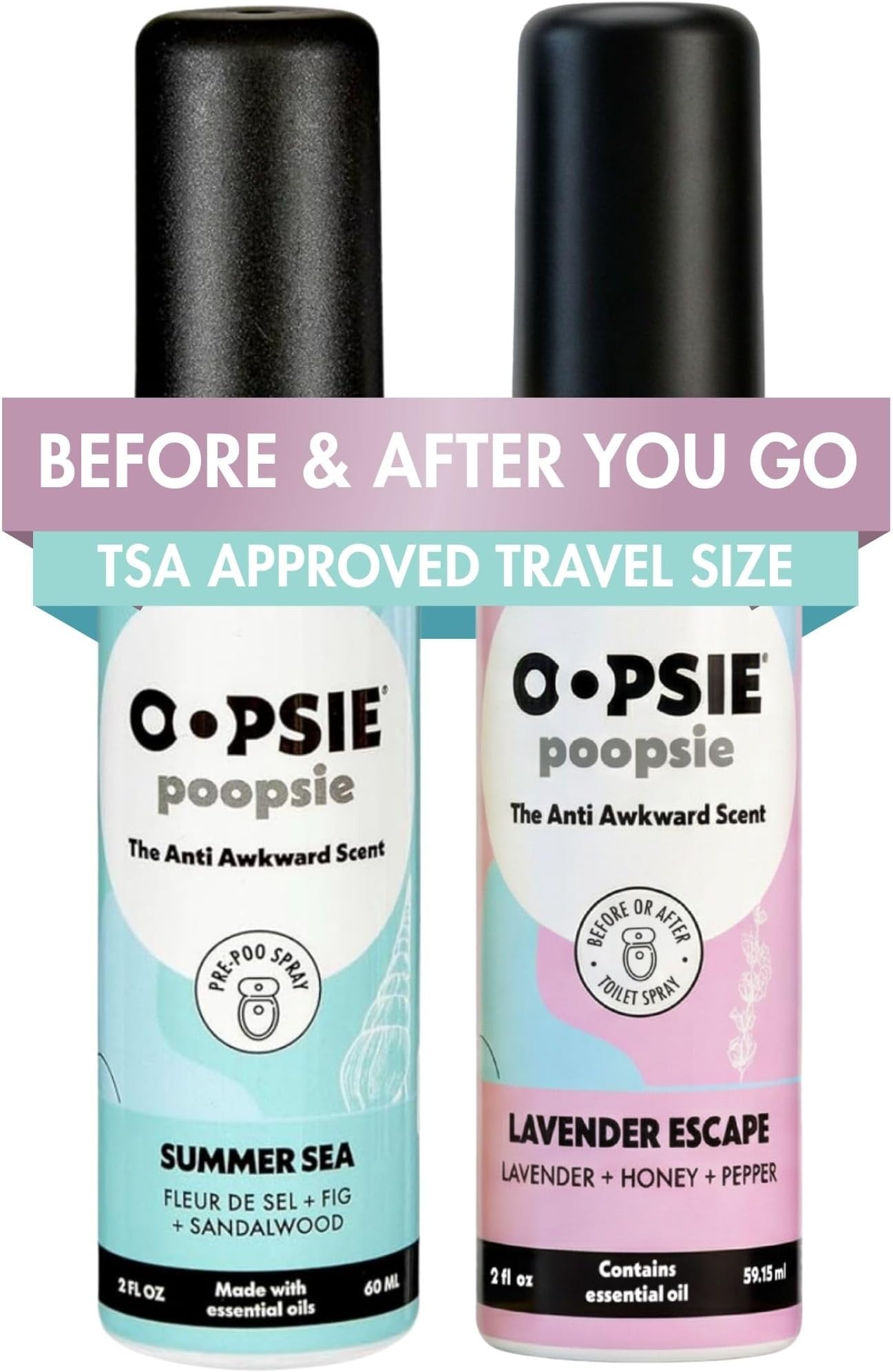 Pre GO toilet spray, discreet & portable original Pre-poo spray to use on the go. Assorted scents Lavender Scape/Summer Sea Toilet Odor Eliminator 2oz bottle Gift Set 2 pack