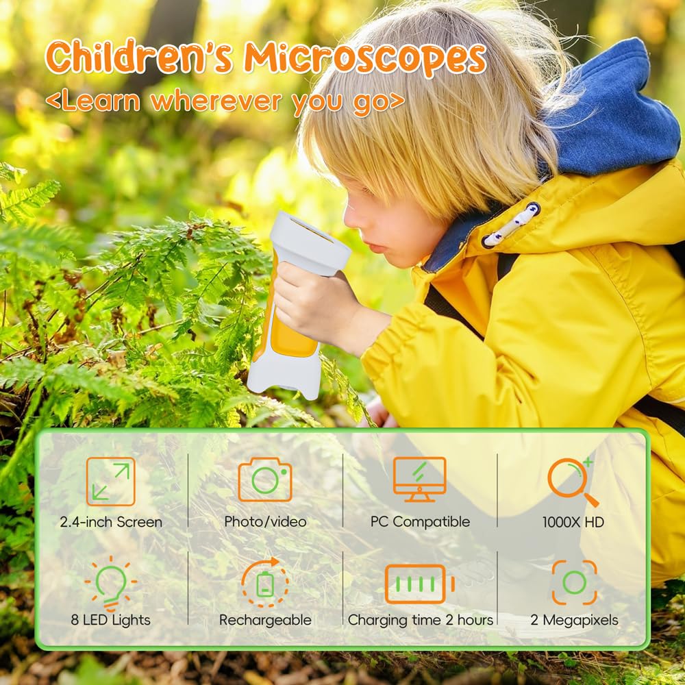 1000X Microscopio Bambini, Temodu Microscopio Digitale Bambini da 2.4‘’, con 8 luci LED Regolabili, può essere utilizzato come regalo di compleanno o di Natale 3 agli (White+Yellow)