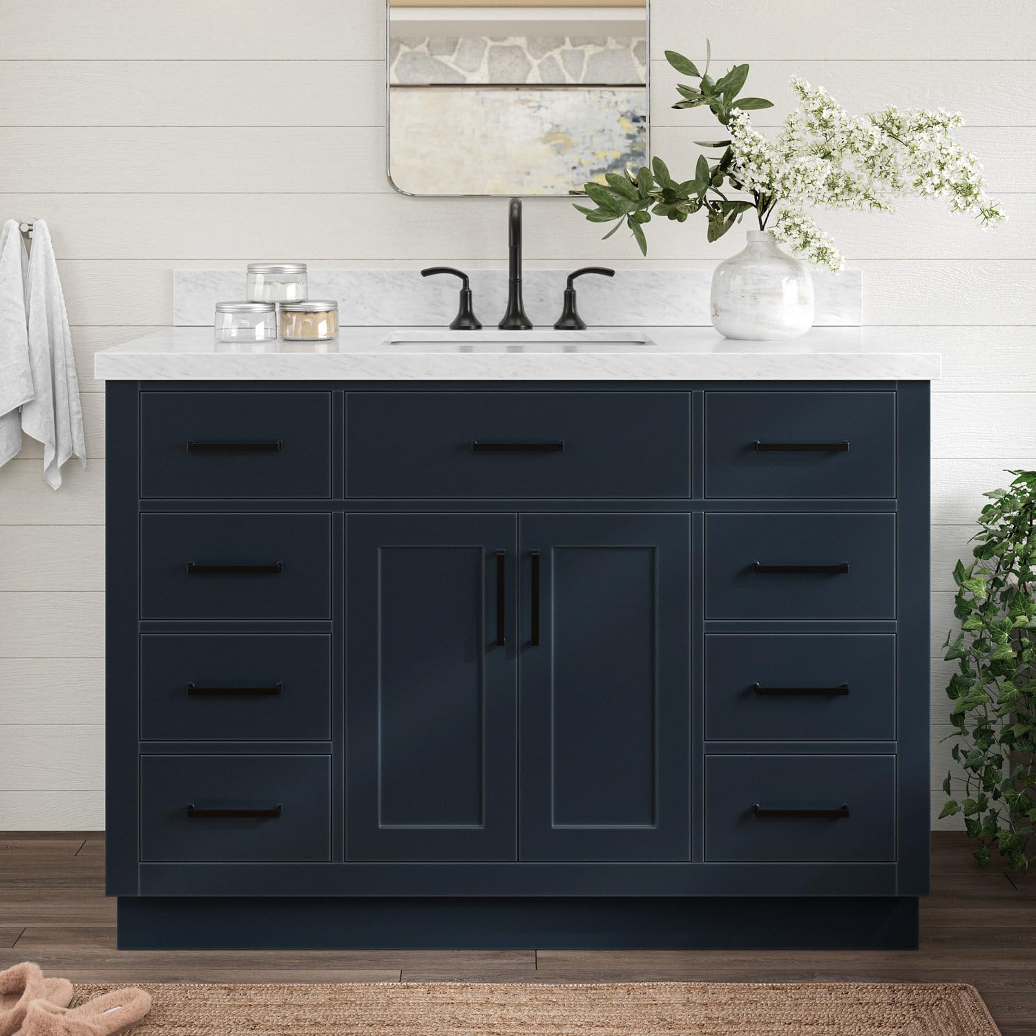ARIEL Bathroom Vanity 49" Midnight Blue, 1.5" Edge Italian Carrara Marble Countertop & Splash, Rectangular Sink, 2 Soft Closing Doors, 9 Full