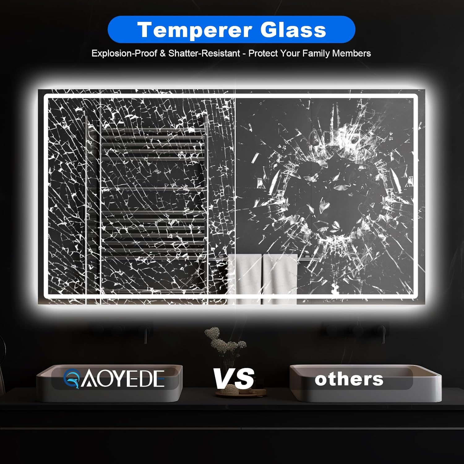 QAOYEDE Bathroom Mirror with Lights 45x25 Inch, LED Mirrors for Bathroom Wall, Front and Backlight, Anti-Fog Dimmable, 3 Color, Shatter-Proof, Horizontal/Vertical, Tempered Glass, UL Recognized