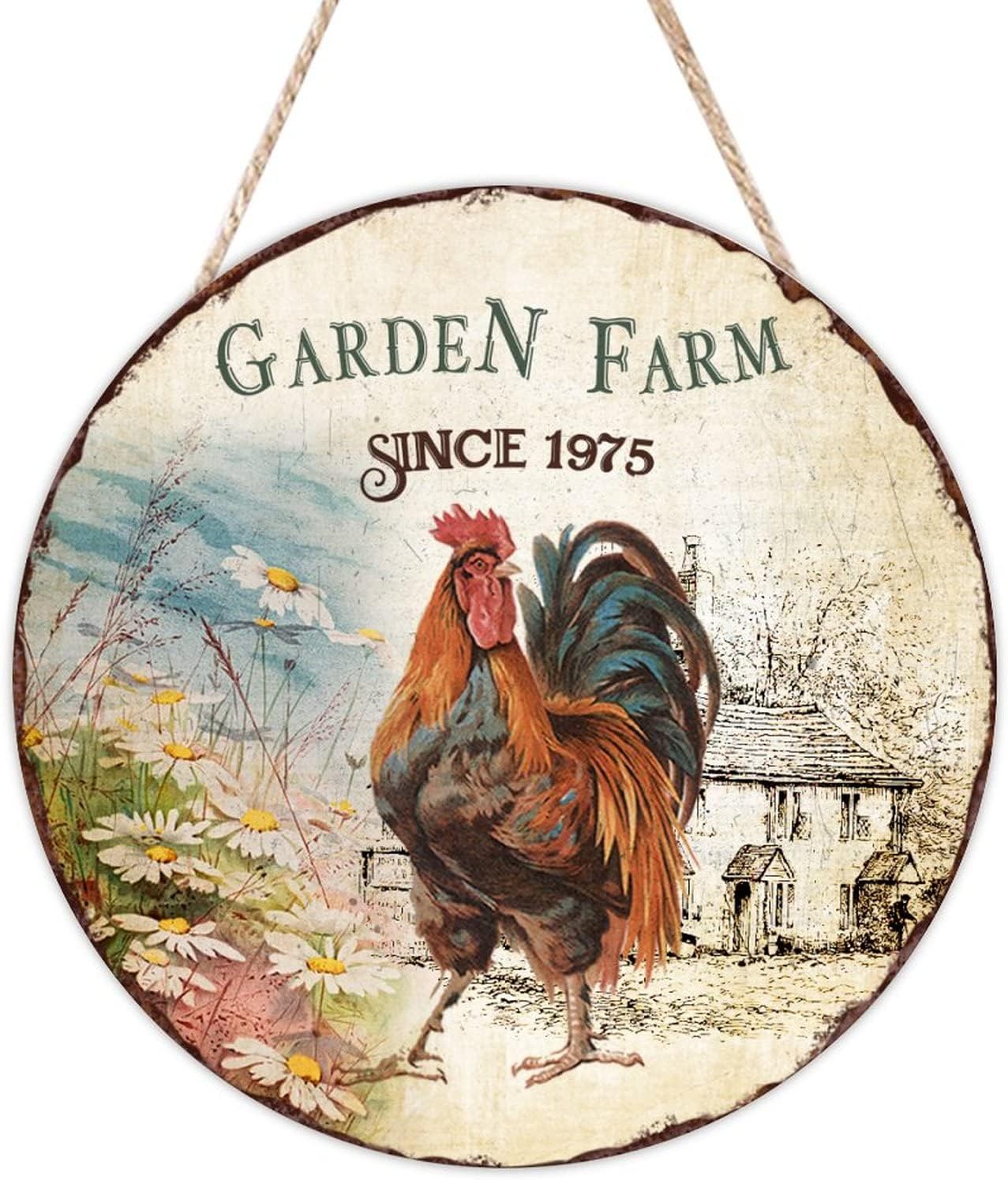 Garden Farm Since 1975 Front Door Sign, Farmhouse Wood Door Sign, 16x16in Chicken Wall Hanging Sign Plaque for Front Door Farmhouse Porch Housewarming Gifts