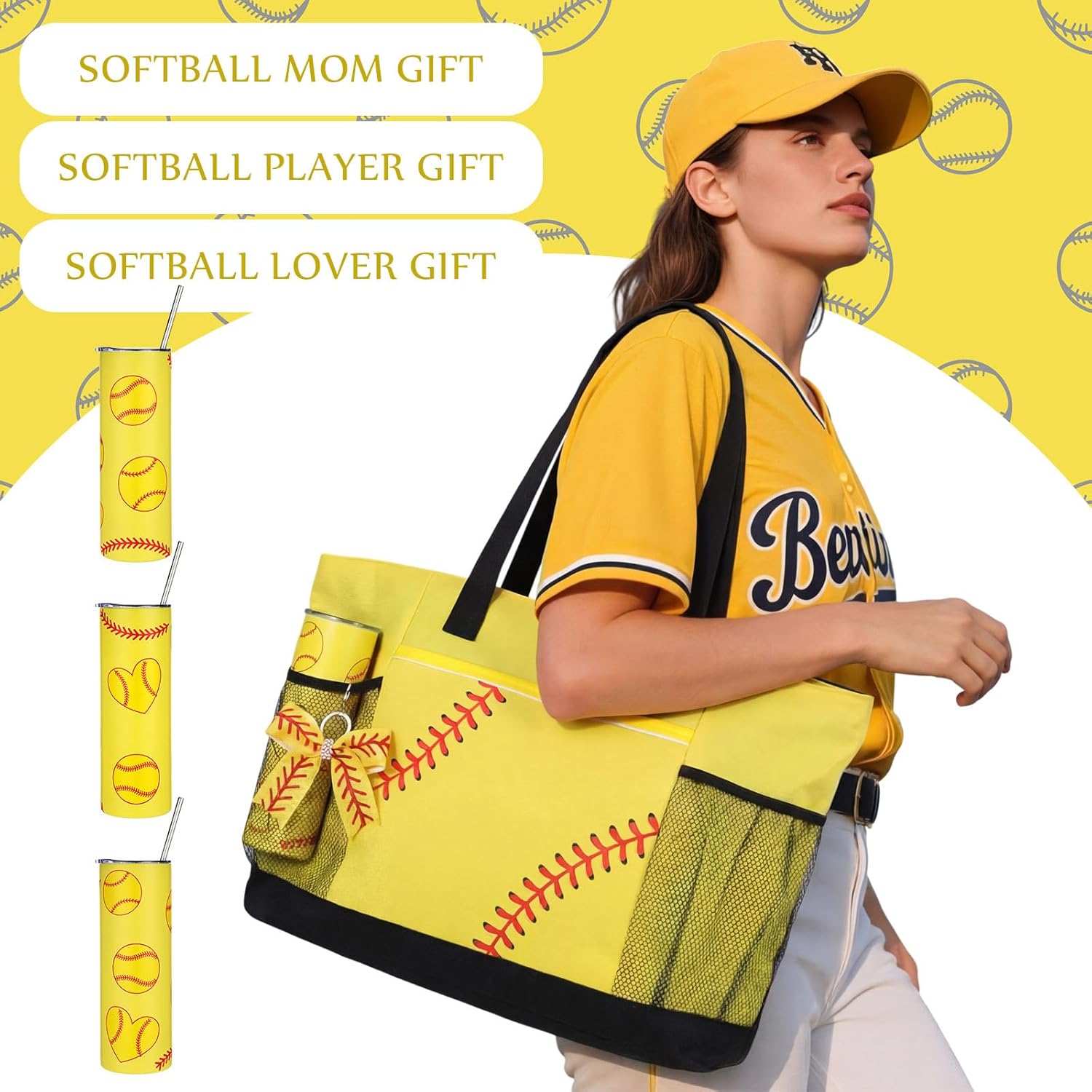 Patelai 4 Pcs Softball Gifts Set Softball Basket Stuffed Including Tote Bag 20 oz Tumbler Makeup Bag Keychain(Yellow)