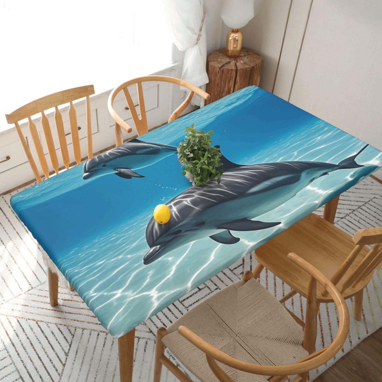 Fodpand Black Dolphins Spandex Fitted Tablecloth For 5 Foot Rectangle Tables,Waterproof Picnic Table Cover Stretch Table Cloth Washable Table Protector For Picnic, Camping, Outdoor