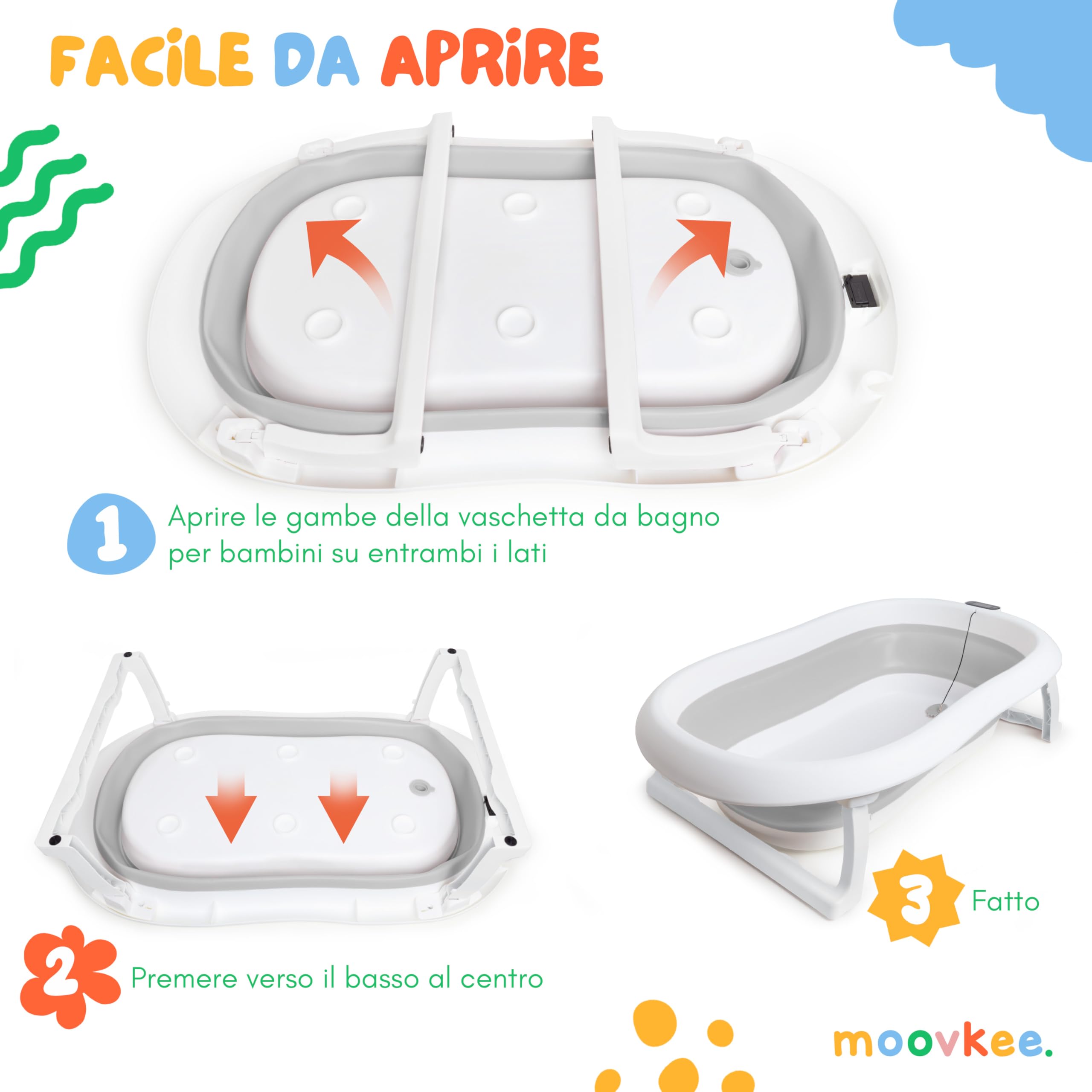 Pieghevole Vaschetta Bagnetto Neonato con Supporto 80cm - Vasca da Bagno Bambini 1-3 Anni con Termometro Incorporato e Tubo di Scarico - Offri il massimo comfort al tuo bambino