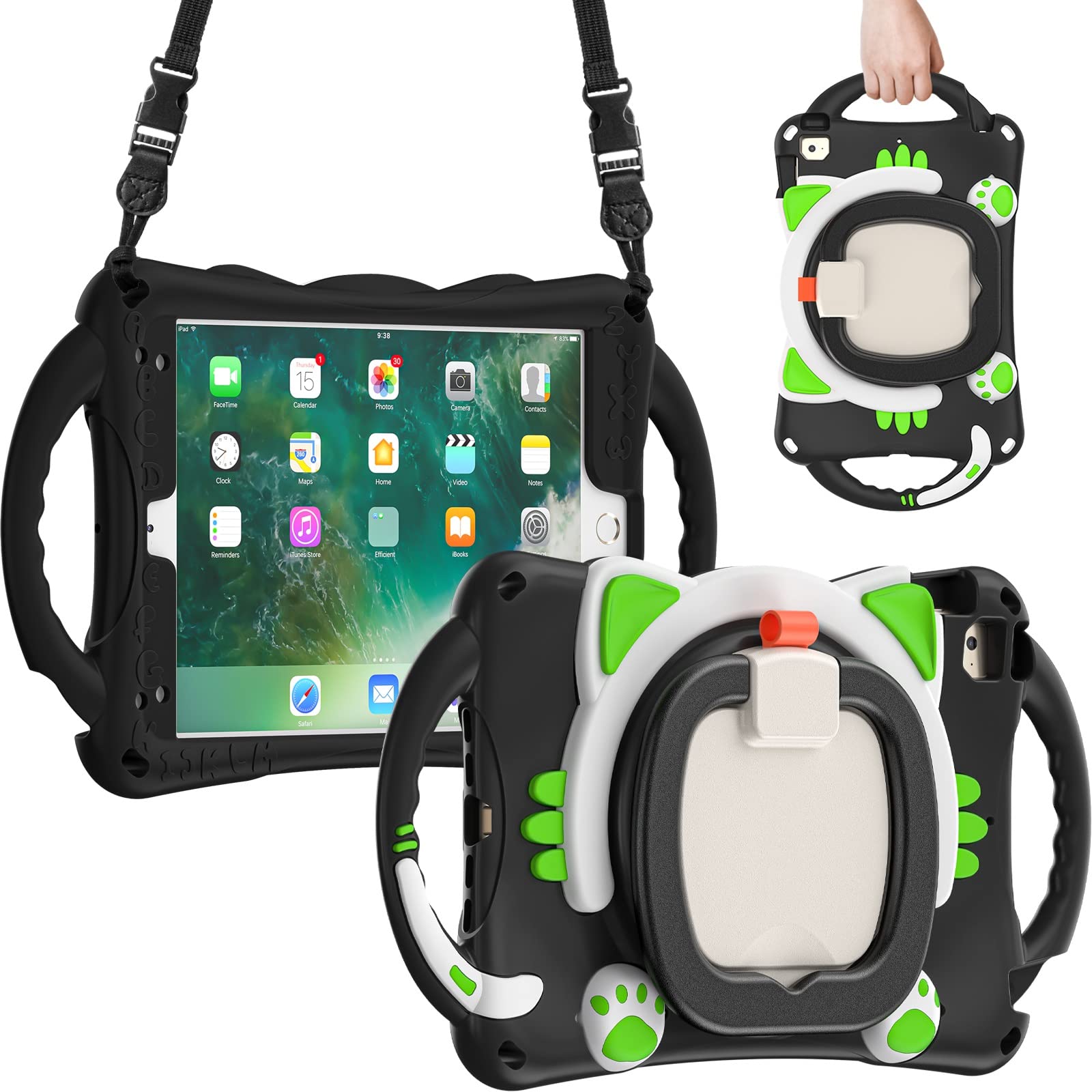 Etui na iPada Mini 1/2/3/4/5 uroczy kot dla dzieci przyjazny pokrowiec ochronny odporny na upadki odporny na wstrząsy W obrotowa podpórka + uchwyt + pasek na ramię (czarny + zielony)