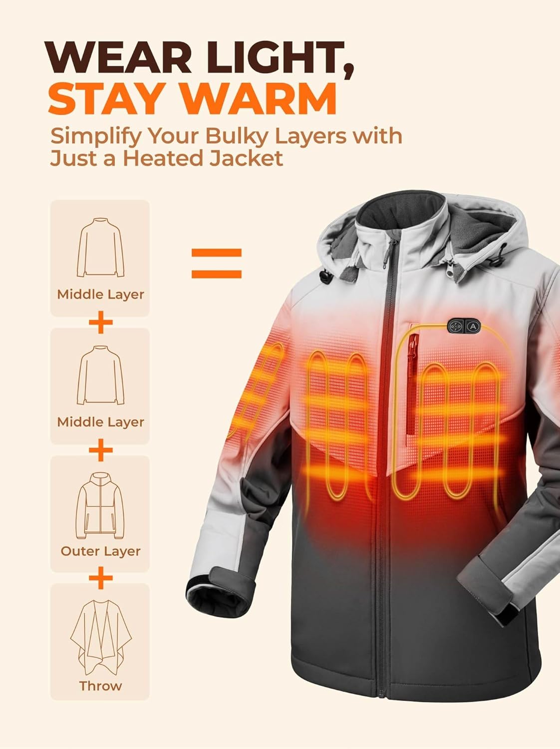ORORO Men's 5 Heat Zones Dual Control Heated Jacket, Heated Coat with USB-C Rechargeable Battery - Image 5
