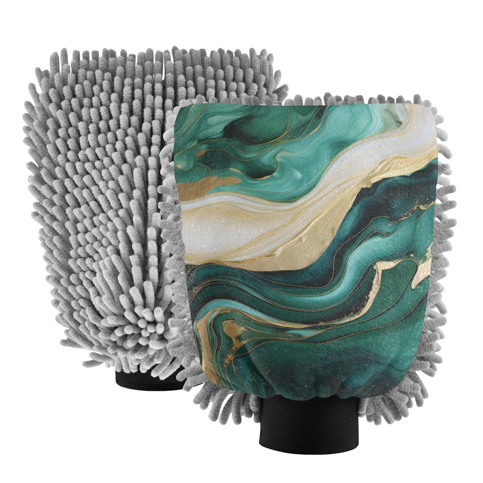 IOACIY Absorbent Microfiber Car Wash Drying Mitts, 2 Pack, Scratch-Free & Lint-Free, Rich Foam, Highly Absorbent, Double Sided, Wash Mitt Perfect for Car Washing, M, Marble Green