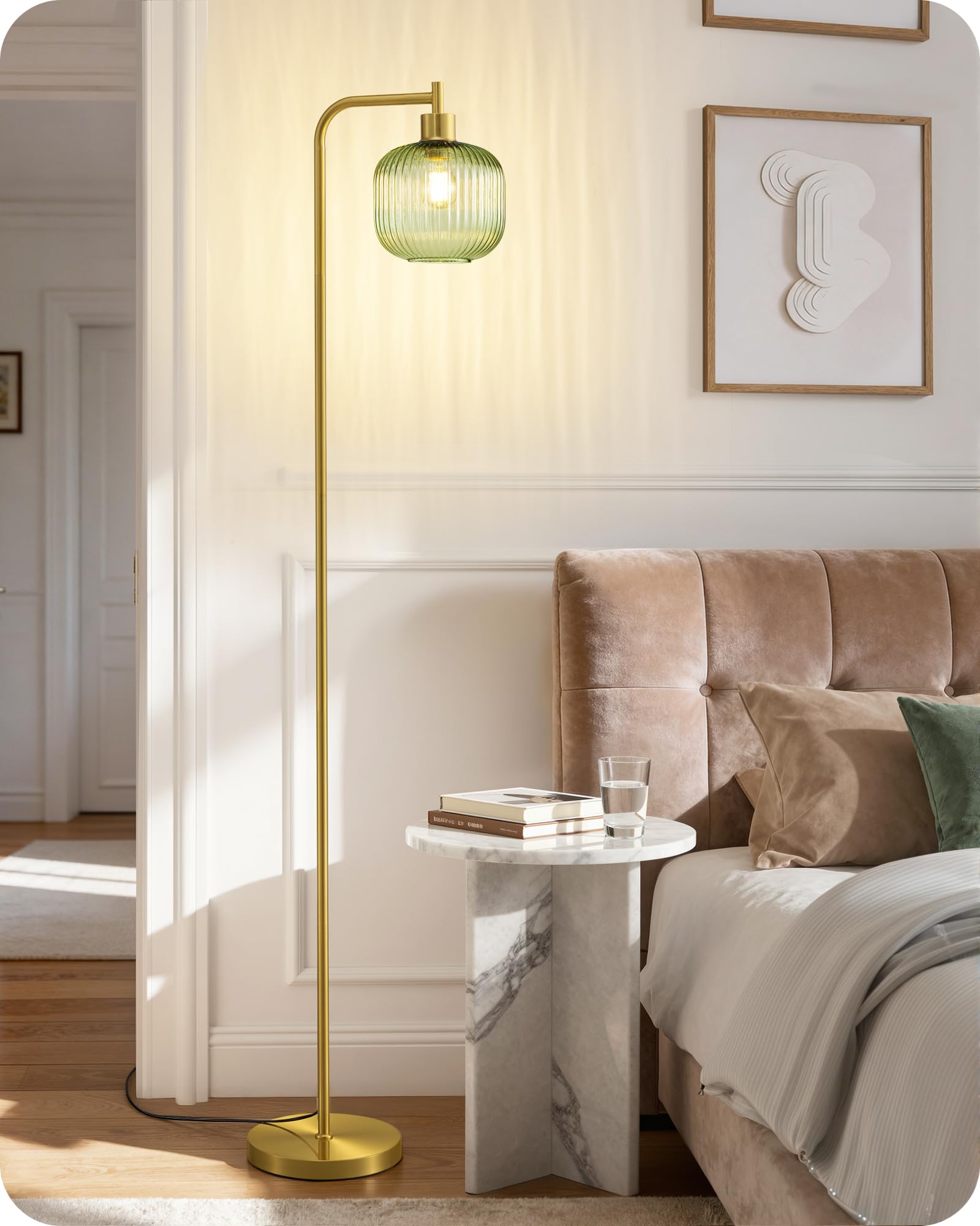 EDISHINE Lampadaire sur Pied Salon, Lampe Arquée avec Abat-Jour en Verre Bonbon Vert Menthe et Structure Métallique Dorée, Lampe de Lecture Moderne avec Ampoule LED E27 2700K, pour Chambre, Bureau