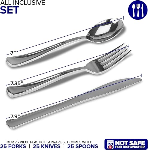 Miniatura 2 de Juego de cubiertos de plástico resistente (plateado) de 75 piezas, juego de cubiertos desechables, ideal para fiestas, bodas y catering, cubiertos