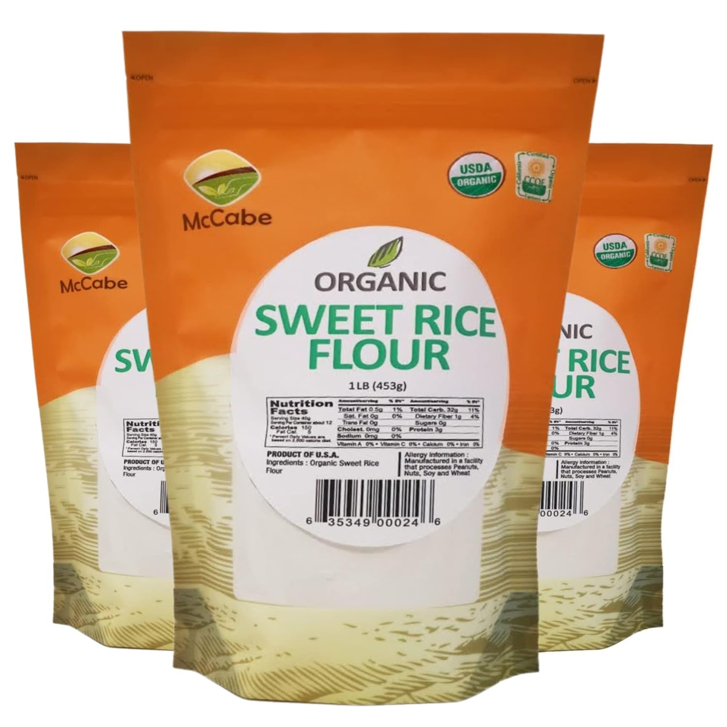 McCabe Organic Sweet Rice Flour - Gluten Free Organic Glutinous Rice Flour | Sweet Rice Flour for Baking | Rich in Fibers and Minerals | USDA and CCOF Certified Organic | Product of USA | 1Lbs Pack of 3