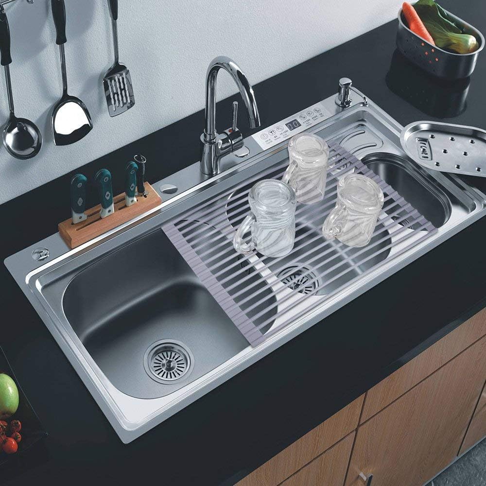 Dish Drying Rack Sink Multipurpose Roll - Up Dish Rack, Cover All Silicone Gel (Gray),17"L x 11-1/8" W x 1/4"H Dish Drainer