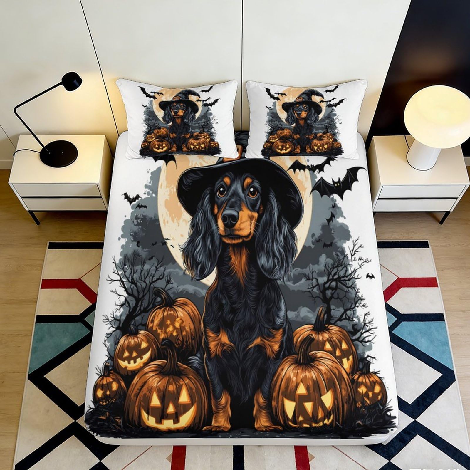 3D Printed Halloween Dog Witch Fitted Sheet Microfiber Soft Pumpkin Bed Cover for Bedroom Guest Room Decor 140x200x25cm