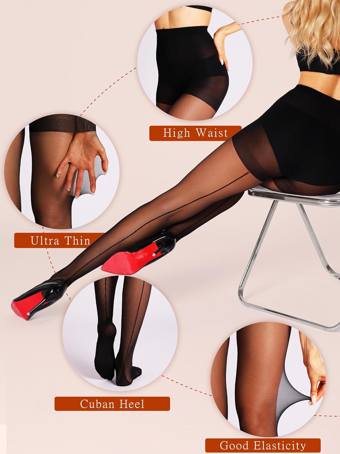 HONENNA Backseam Sheer Tights for Women 2 Pairs High Waist Patterned Cuban Heel Pantyhose With Control Top - Image 3