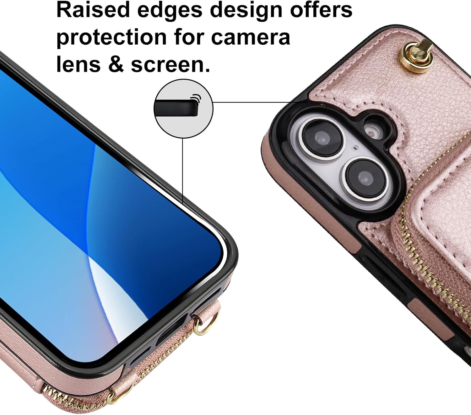 Bocasal for MagSafe Crossbody Wallet Case Compatible with iPhone 16, RFID Blocking Protective Purse Case with Card Slots Holder Kickstand Wrist Strap Lanyard Zipper 6.1 Inch 5G (Rose Gold) - Image 8