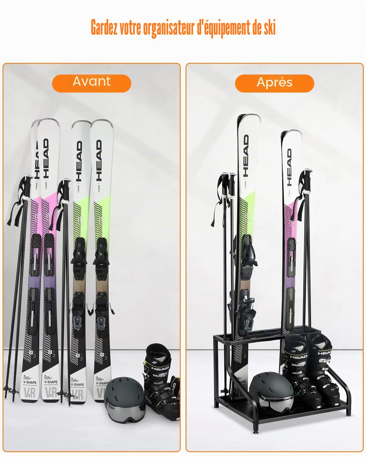 FHXZH Porte-skis pour garage – Supports de ski autoportants pour 4 paires de skis, bottes de ski, bâtons de ski, lunettes, casque et plus encore, support de sol en acier robuste pour garage, sous-sol