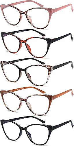 Miniatura 9 de EYEURL Paquete de 5 lentes de lectura para mujer, diseño de ojo de gato, bloqueo de luz azul, lentes de computadora de moda con bisagra de resorte,
