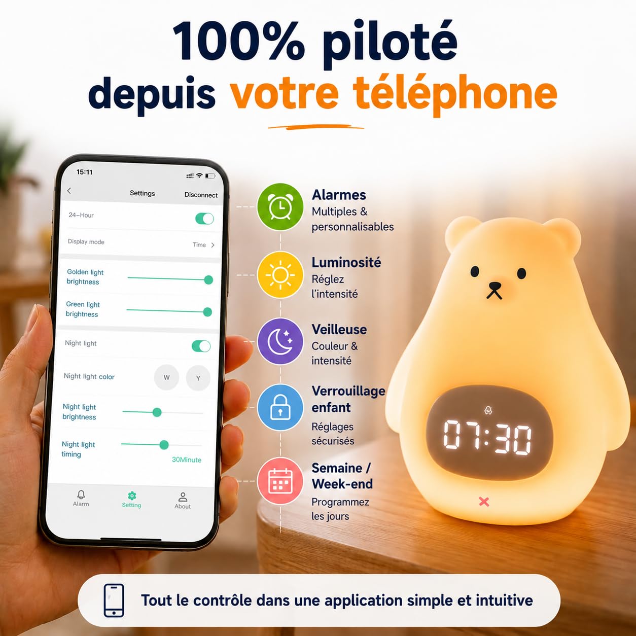 Kemi Sveglia educativa e luminosa giorno/notte con luce LED - Controllo app iOS/Android - Ricaricabile - Apprendimento del sonno - Ragazza & Ragazzo