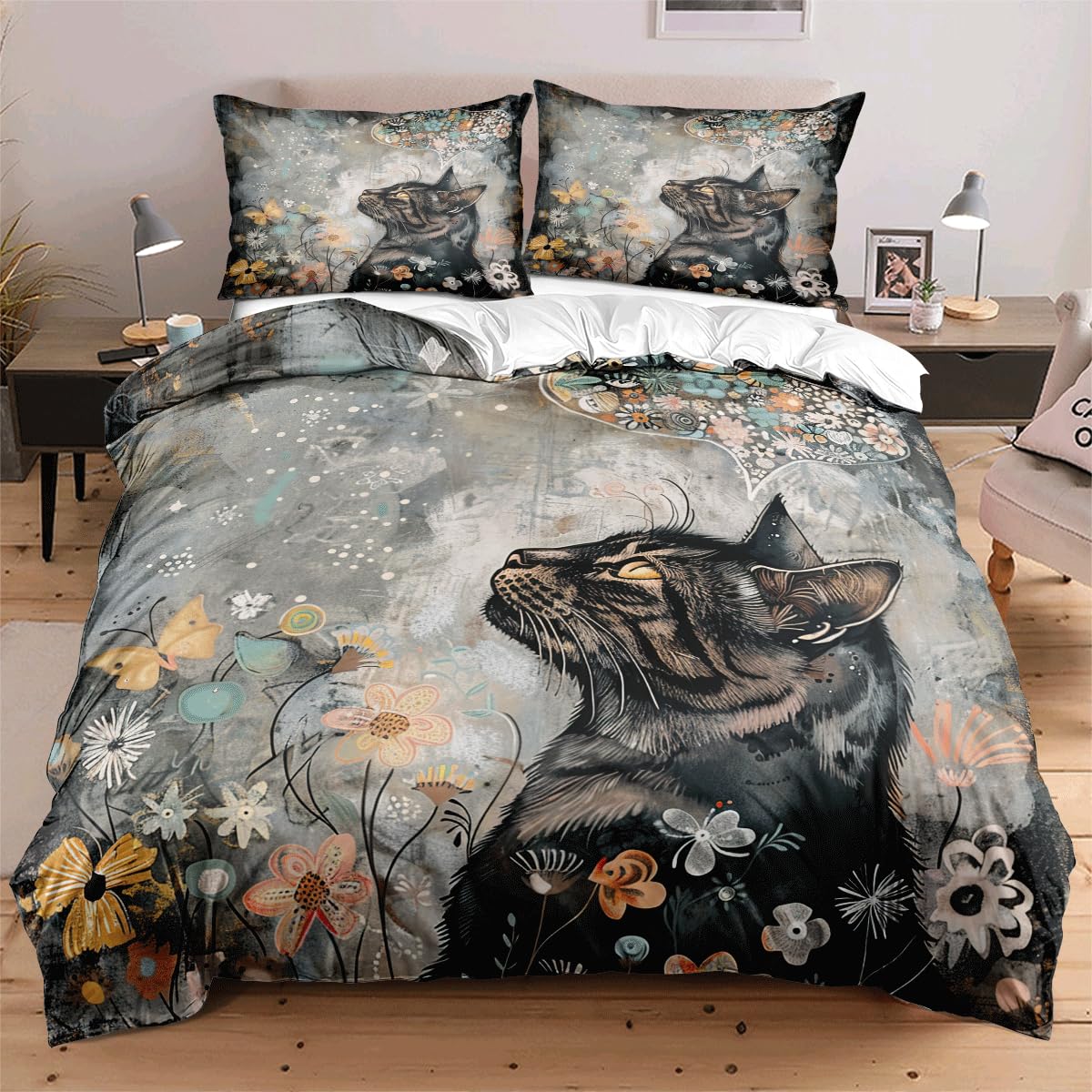 Ydtwnyq Floral Print Black Cute Kids Bedding Cover Set Green Plant Animal Comforter Cover Set Soft Cozy Queen Size Quilt Cover Set
