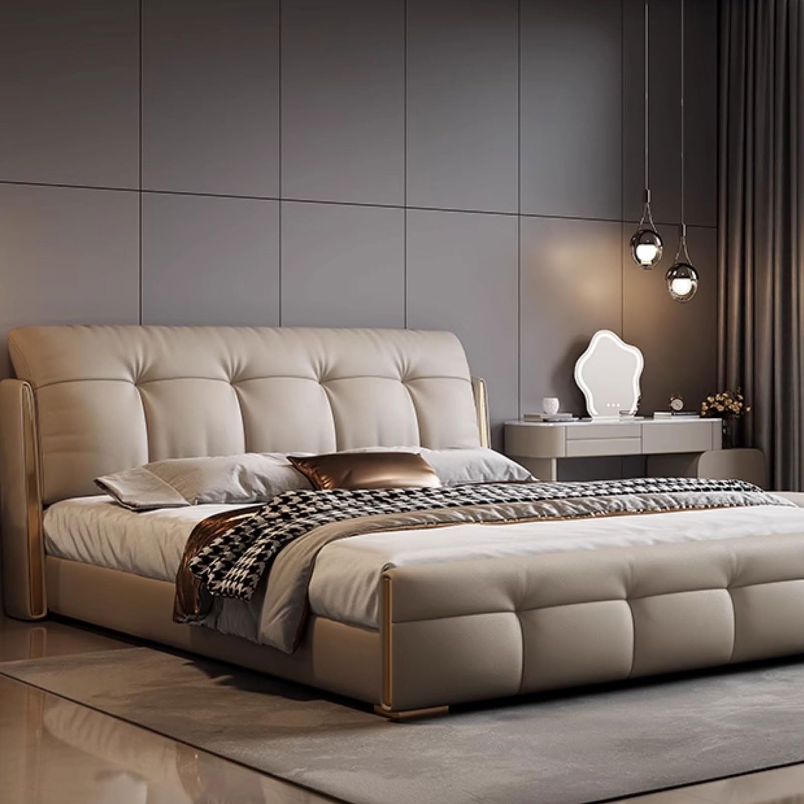 King Size Genuine Leather Wood Bed Upholstered Platform Bed Frame with Headboard and Lift Up Storage Strong Wooden