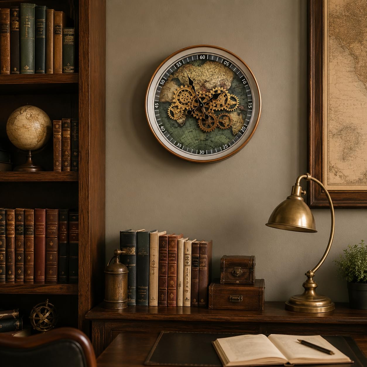 Orologio da parete in metallo con mappa del mondo, 23 pollici, con ingranaggi mobili reali | Orologio a specchio decorativo Steampunk per soggiorno moderno casale ufficio cucina Art Decor,Reloj De Pared Para Sala
