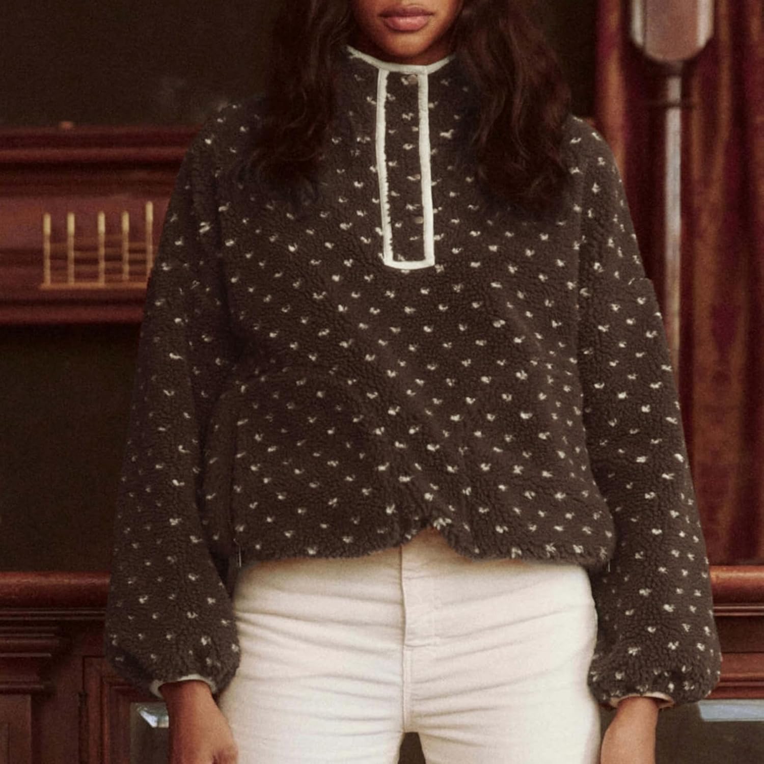 Fuzzy Fleece Jacket Women Long Sleeve Half Button Down Tops Casual Sherpa Pullover Sweatshirt Warm Winter Outerwear - Image 3