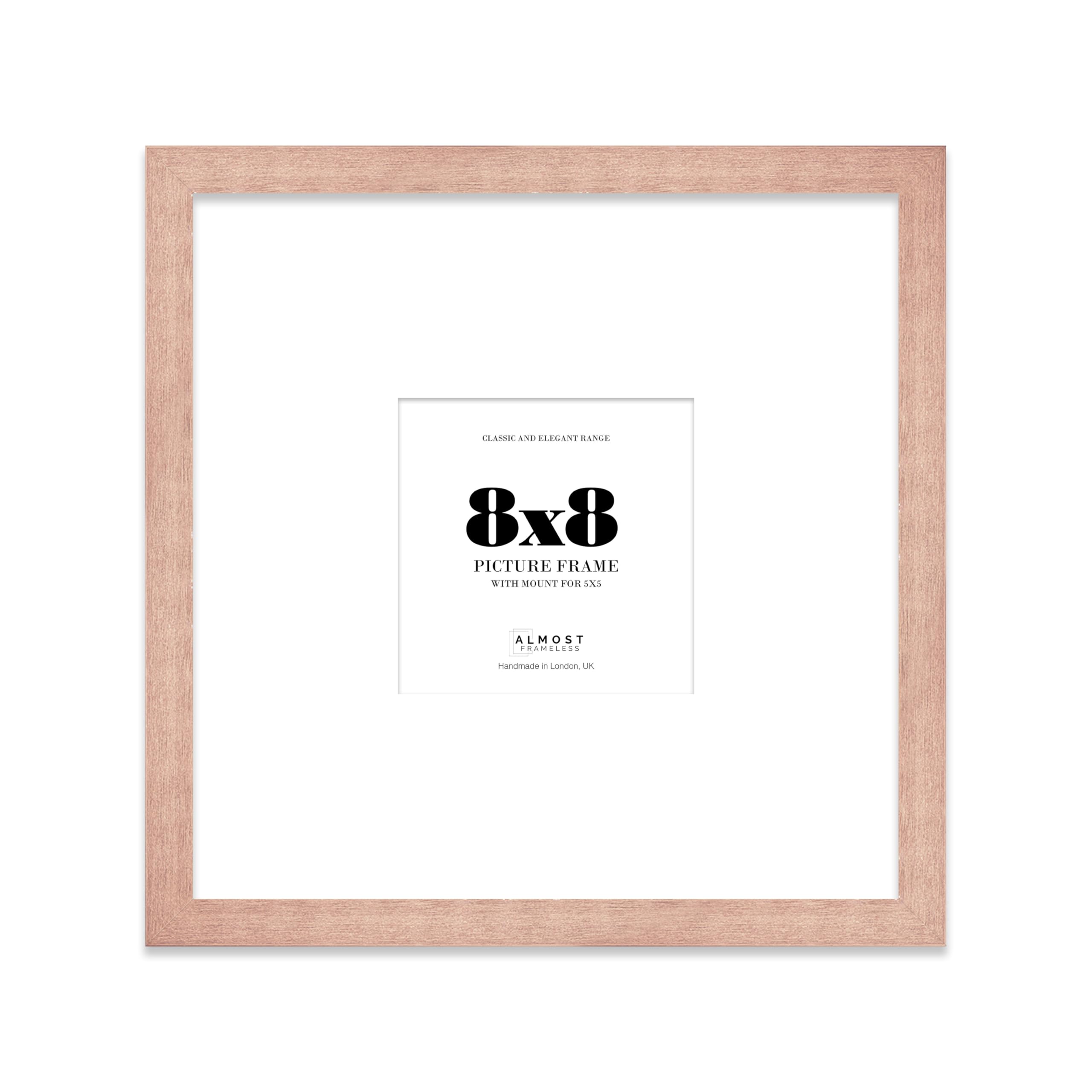 Almost Frameless 8x8 Square Picture Frame, Display Pictures 5x5 With Mat or 8x8 Without Mat, Wall Hanging & Free Standing Photo Frame, Bronze, 1 Pack