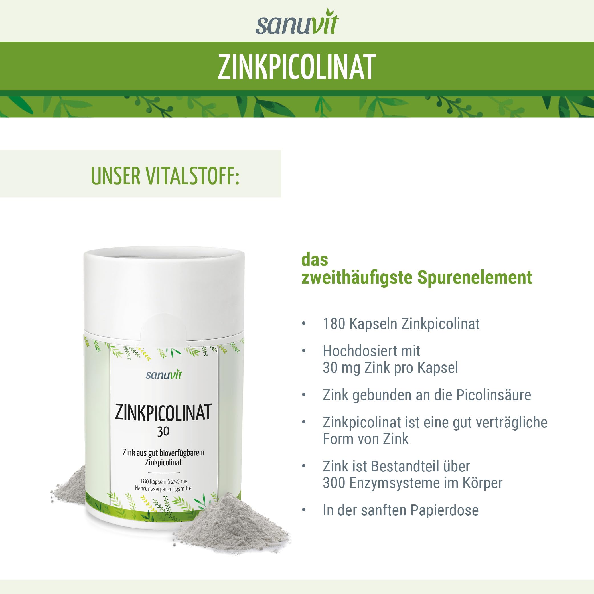 Sanuvit® - Zink 30 mg pro Kapsel | 180 Kapseln | Hochdosiert | Zink aus Zinkpicolinat | Hohe Bioverfügbarkeit und Verträglichkeit | Hergestellt in Österreich