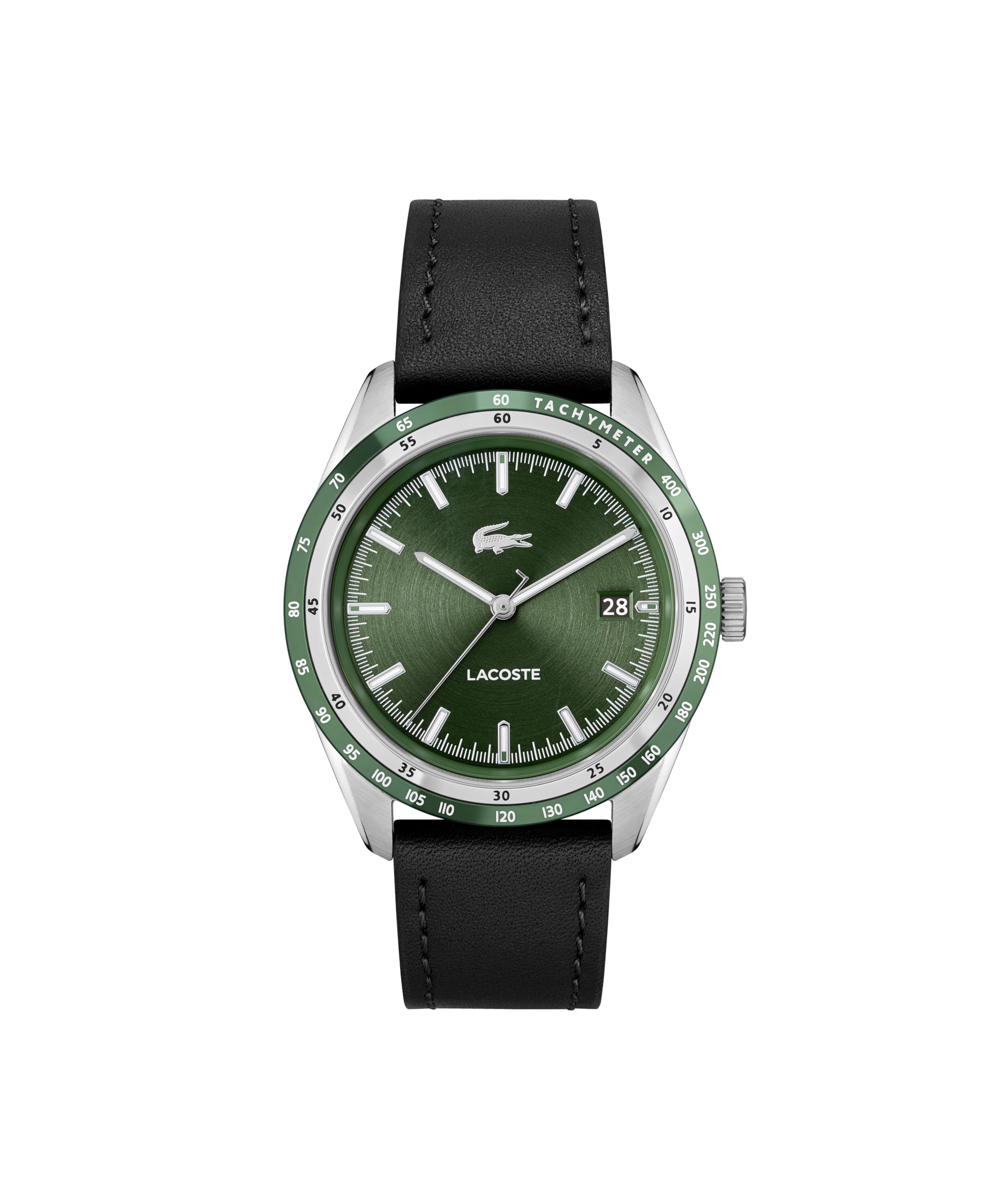 Lacoste Everett Qtz Basic Calendar Green Round Dial Men's Watch|Black Leather Material|Black Color Band - 2011292