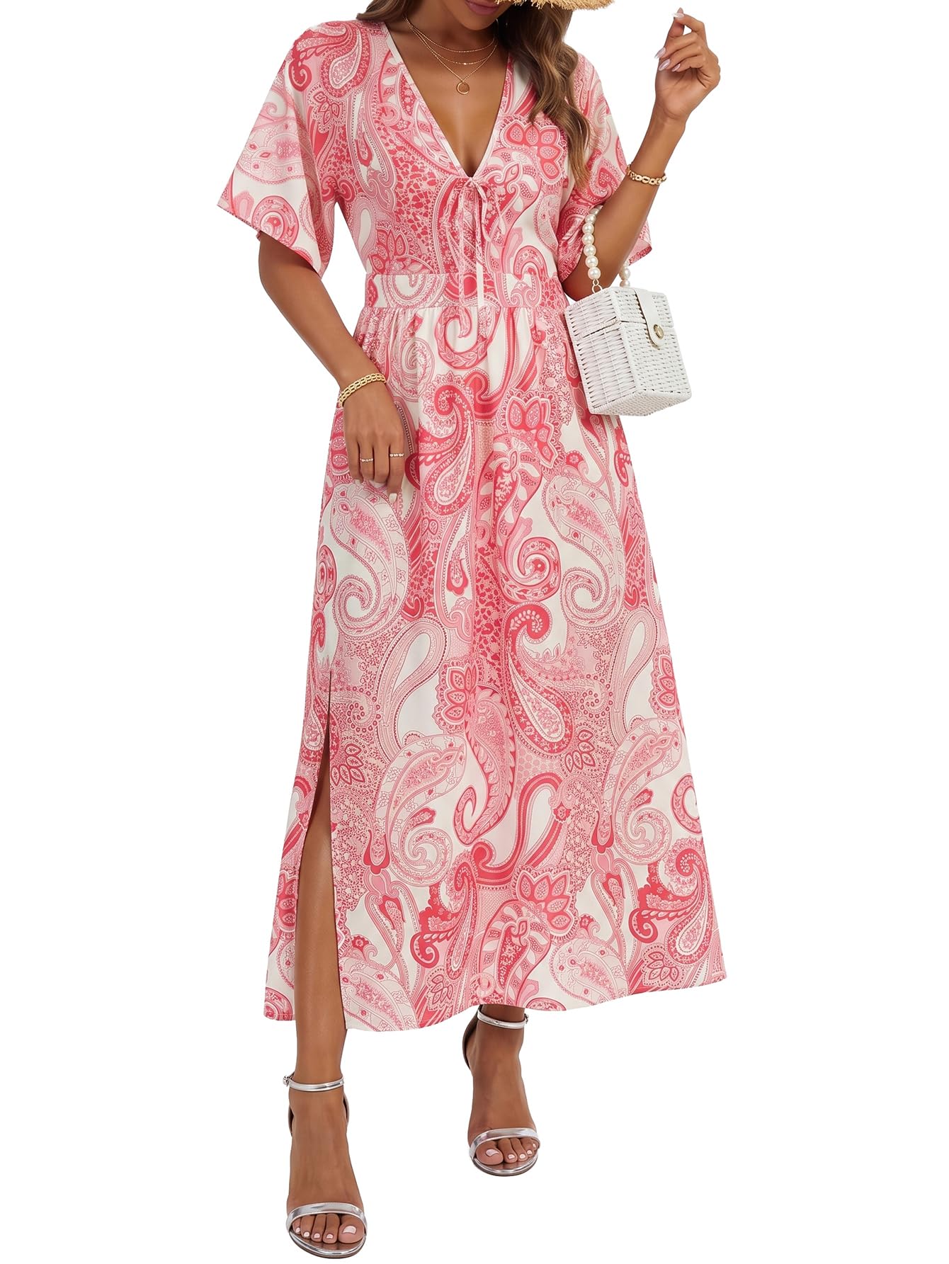 Umenlele Women's Floral Print Loose Boho Dress | Tie Front V Neck Ruffle Short Sleeve Side Split Flowy Casual Beach Vacation Long Sundress