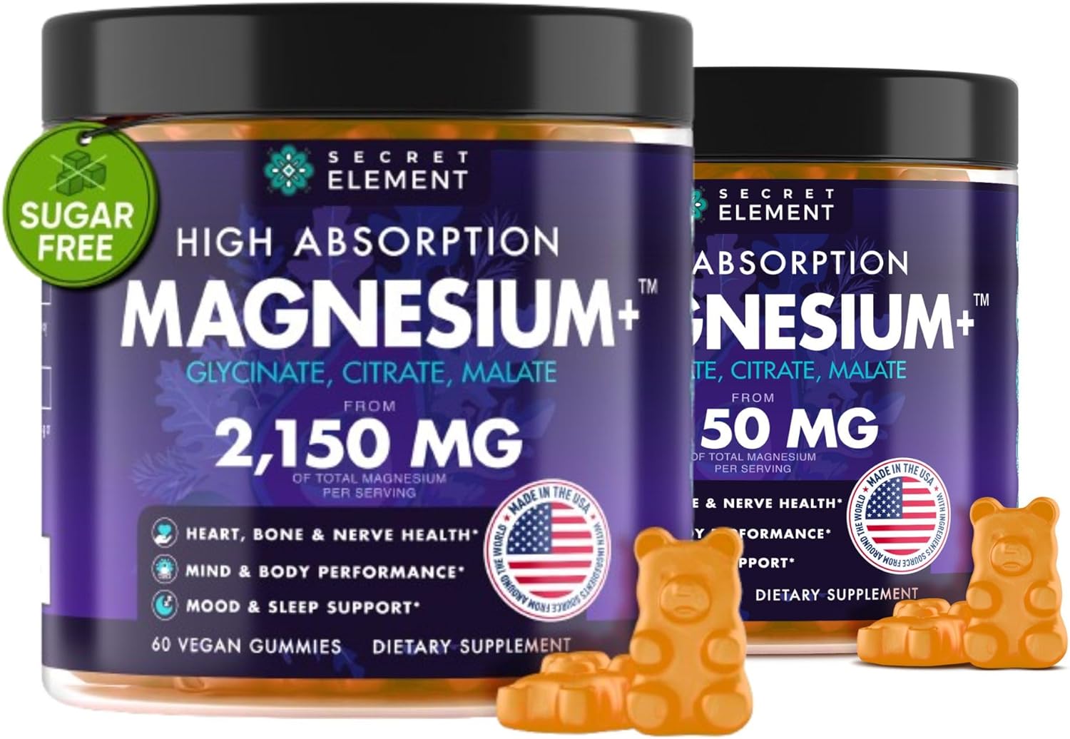 Secret Element Magnesium Glycinate 2150MG Gummies for Women and Men, High Absorption Magnesium Glycinate, Citrate, Malate, Sugar Free, Vegan, 60 Chews, Pack of 2, Orange