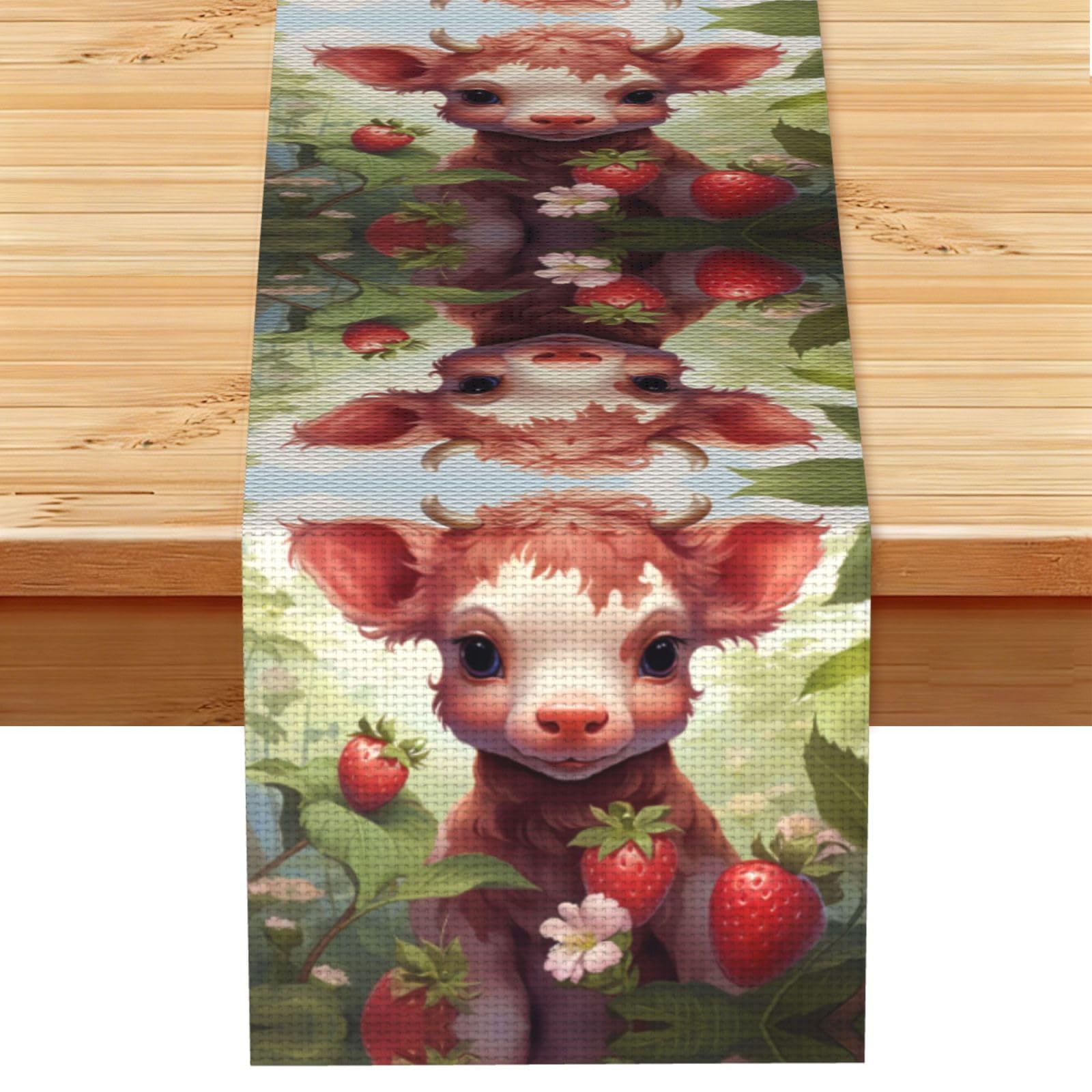 Strawberry Cow Baby Linen Feel Table Runner Wedding Party Home Decoration