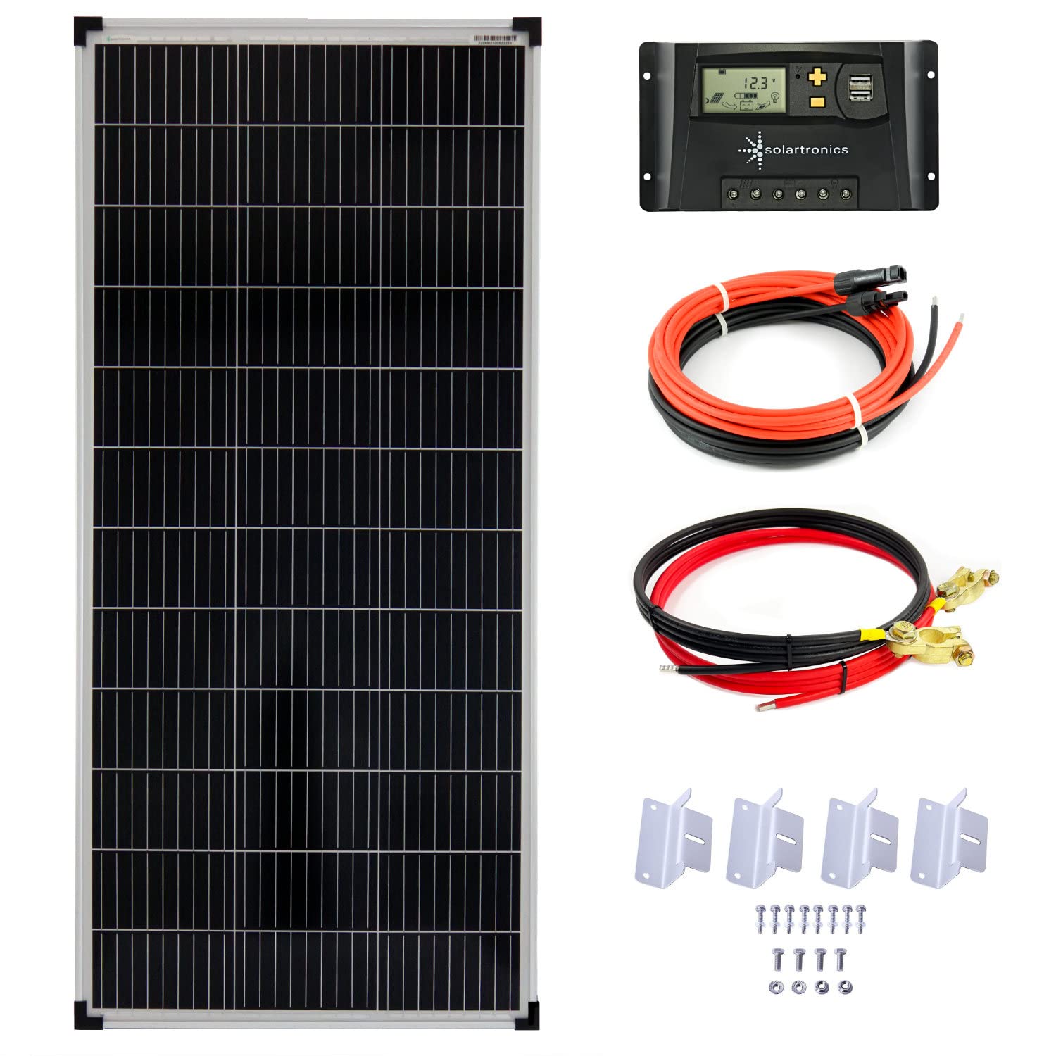 SOLARTRONICS Inselanlage Komplettset: 100W monokristalline Solarmodul + 20A Laderegler + PV Kabel + Montagewinkel; PV Anlage für Wohnwagen Camping