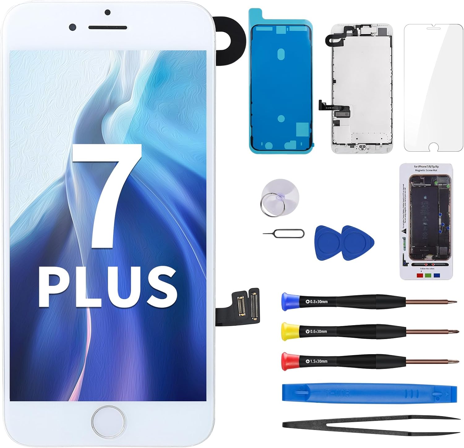for iPhone 7 Plus White Screen Replacement 5.5" Assembled with Home Button Front Camera Earpiece and Ear Speaker Frame Assembly Screen Protector Full Repair Fix Tools Kit A1784 A1785 A1661
