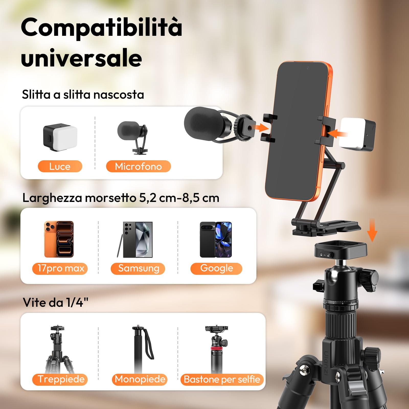 ULANZI SK29 Treppiede per smartphone, 6 in 1, Reversibile, Compatibile con Uka e Arca, Mini tripod pieghevole in alluminio con 2 Cold Shoe, Selfie stick treppiede per iPhone/Android