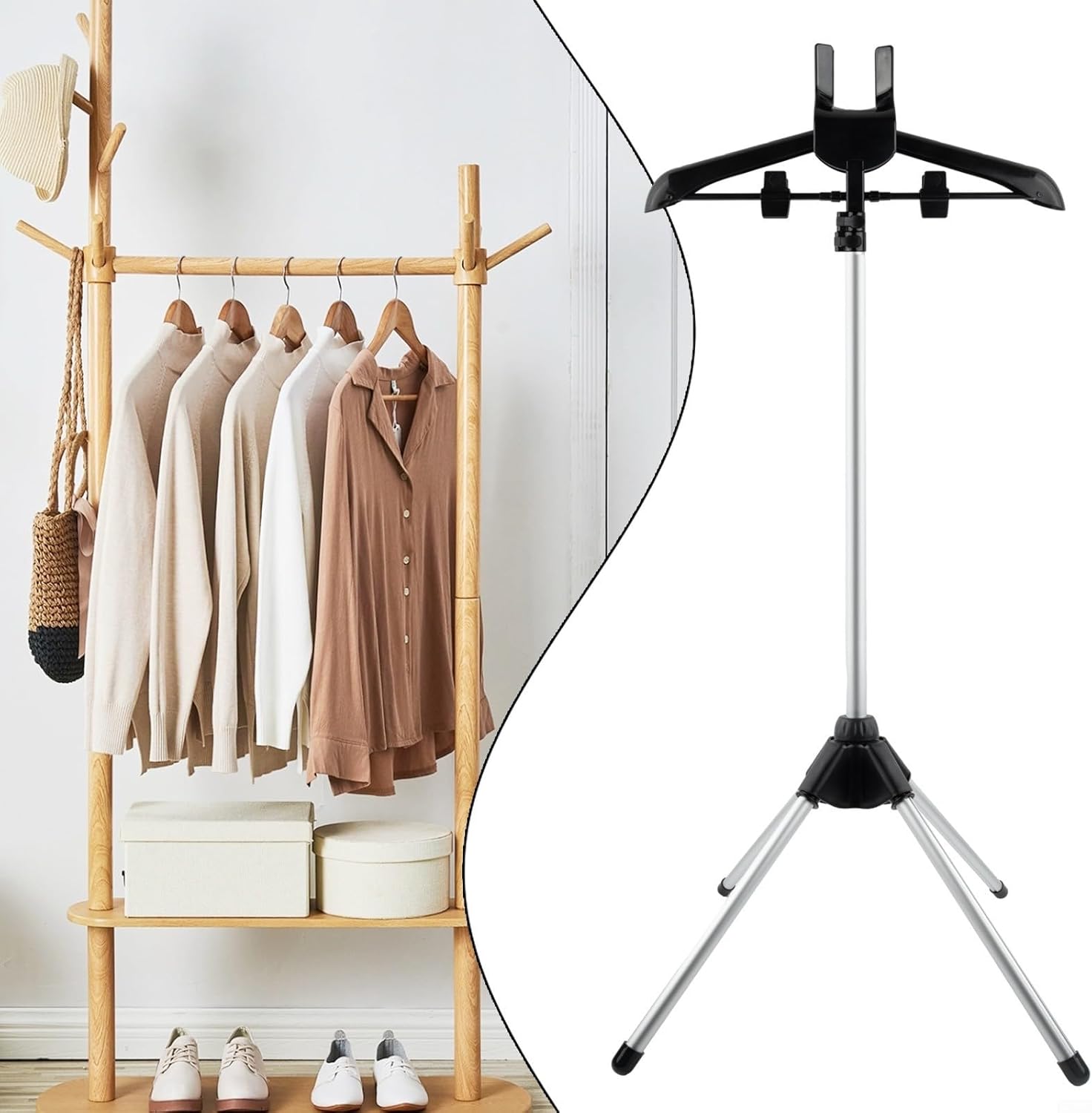 Adjustable Telescopic Garment Steamer Stand with 360° Rotating Hanger & Fuzz Remover for Clothes Ironing Board Folding Storage(black)