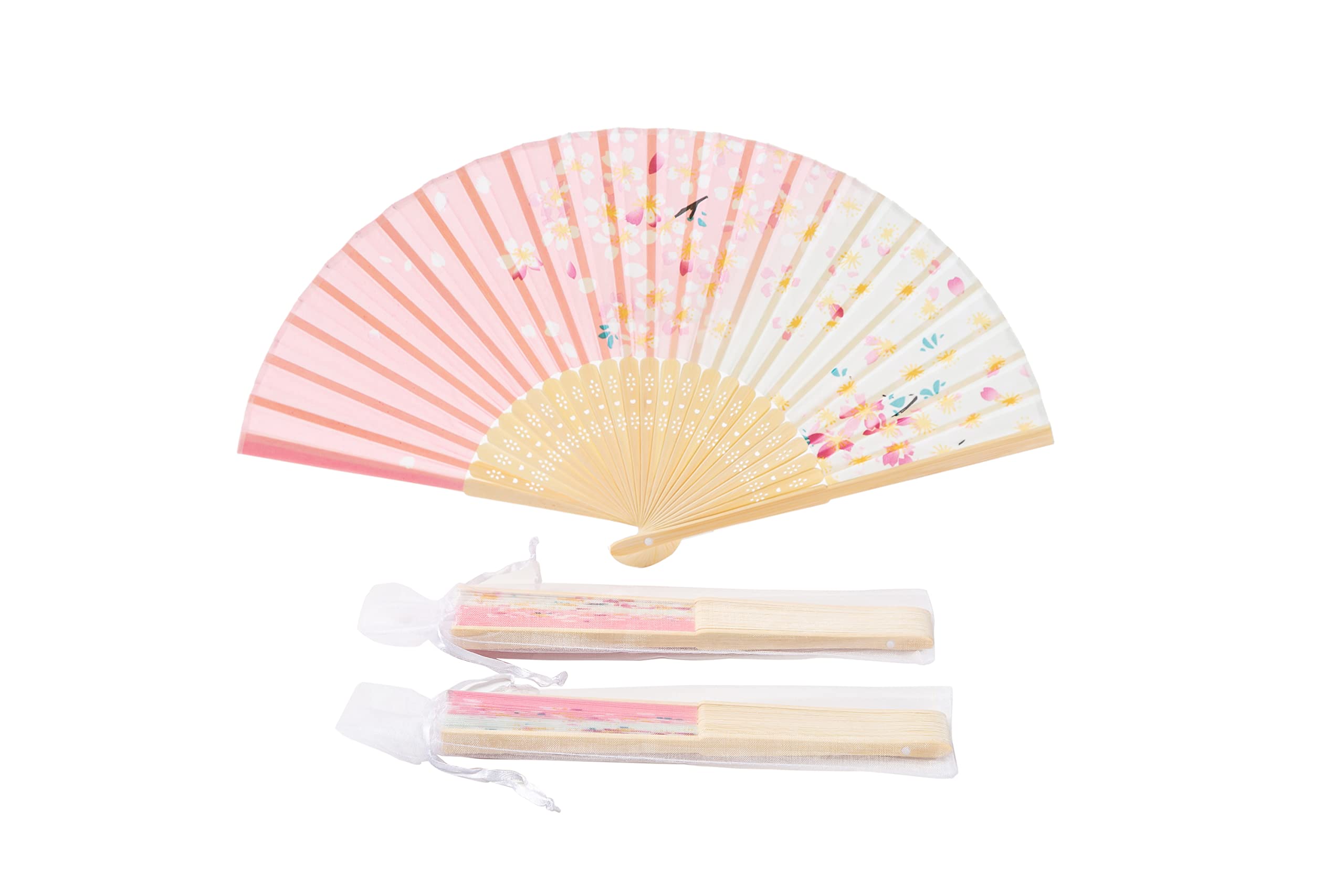 Sepwedd 50pcs Pink and White Gradient Cherry Blossom Pattern Imitated Silk Fabric Bamboo Folded Chinese Hand Fan Bridal Dancing Props Church Wedding Gift Party Favors with Gift Bags(Q61)