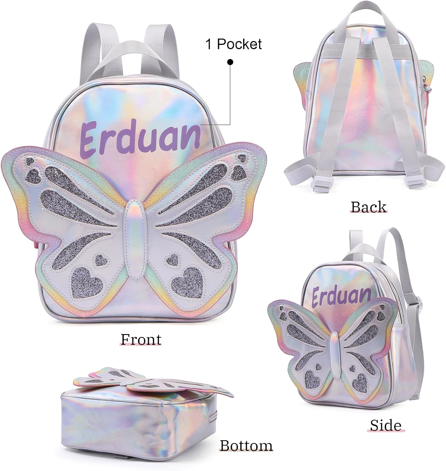 Personalized Mermaid Backpack for Kid Girls, Mini School Bag with Embroidered Name, Pink Purple Green, 12-inch, Ages 3-10 (Butterfly, Pink)