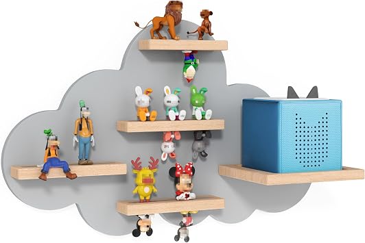 Grey Cloud Tonie Shelf Wall Mounted, Magnetic Floating Shelves for Toniebox, Tonies Characters, Wooden Tonie Storage Shelf for Kids Room