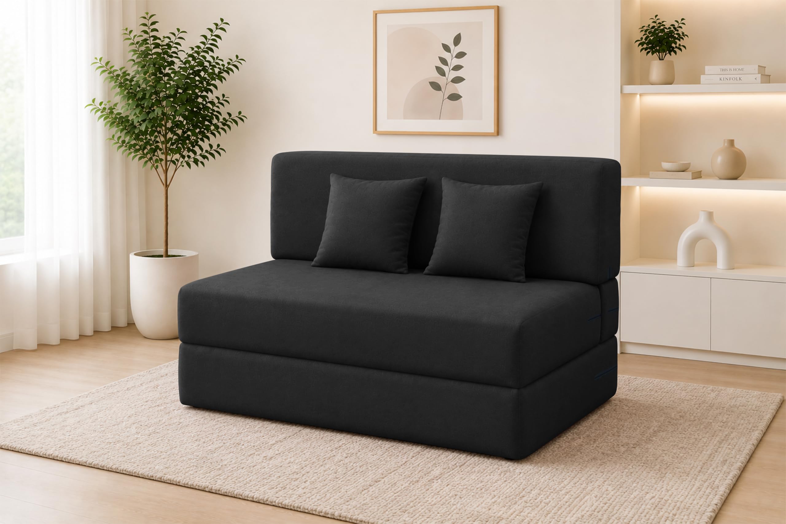 Los Angeles Foldable Two Seater Sofa Cum Bed, Sofa Bed 4 X 6 Ft, Jute Fabric Washable Cover Including Two Cushion Perfect for Living Room & Office Guest Room - Black Color
