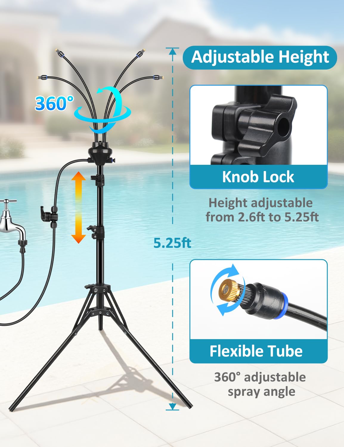 Stehnebel für Außenterrasse, verstellbare Höhe, 150 cm, Standnebelsystem zum Kühlen von Terrassen, tragbarer Wassernebel zum Nebelspielen, Hinterhof, Haustierkühlung, Sprinkler (schwarz)
