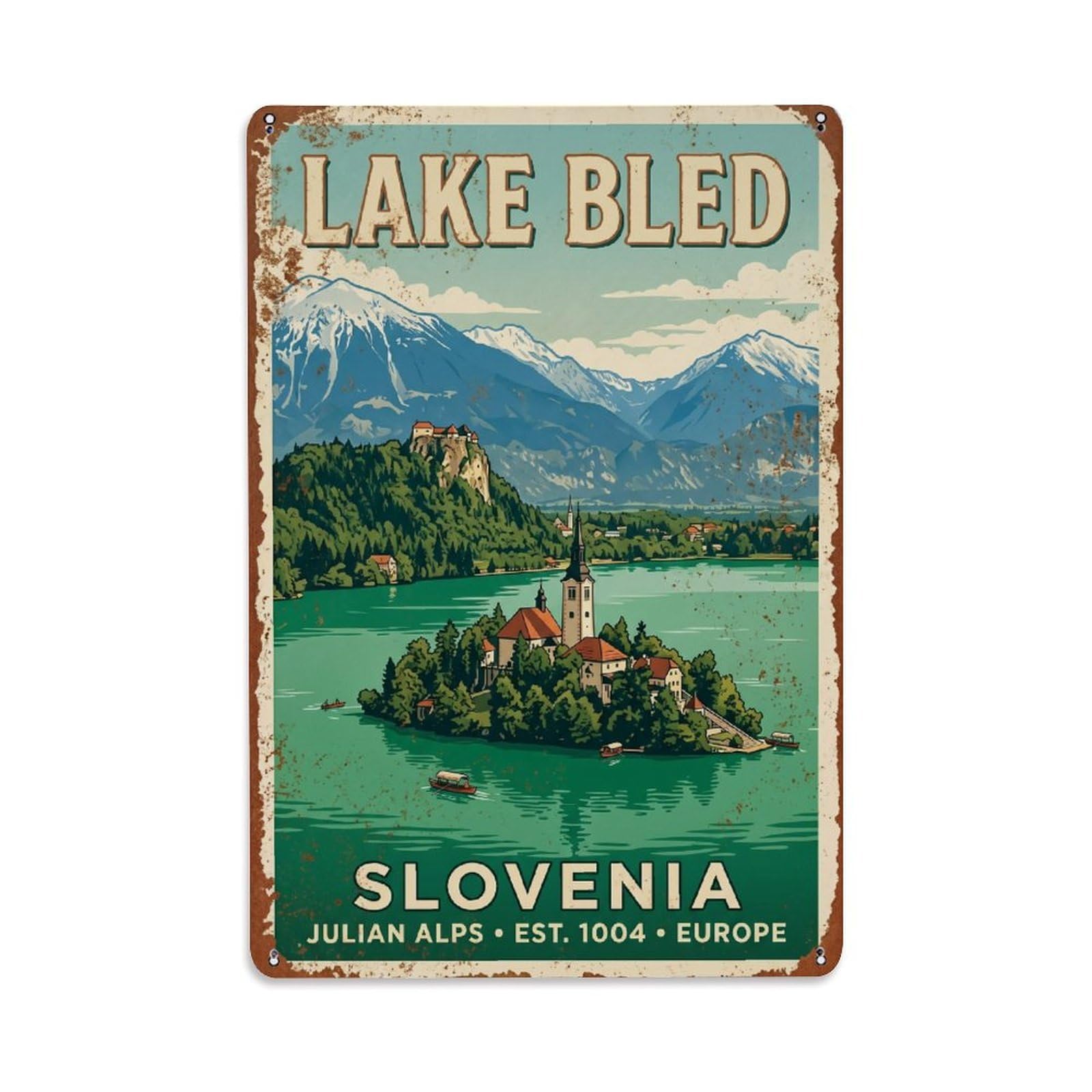 Vintage Travel Lake Bled Slovenia Metal Tin Sign Wall Decor for Cafe, Club, Garden Metal Poster 8x12Inch