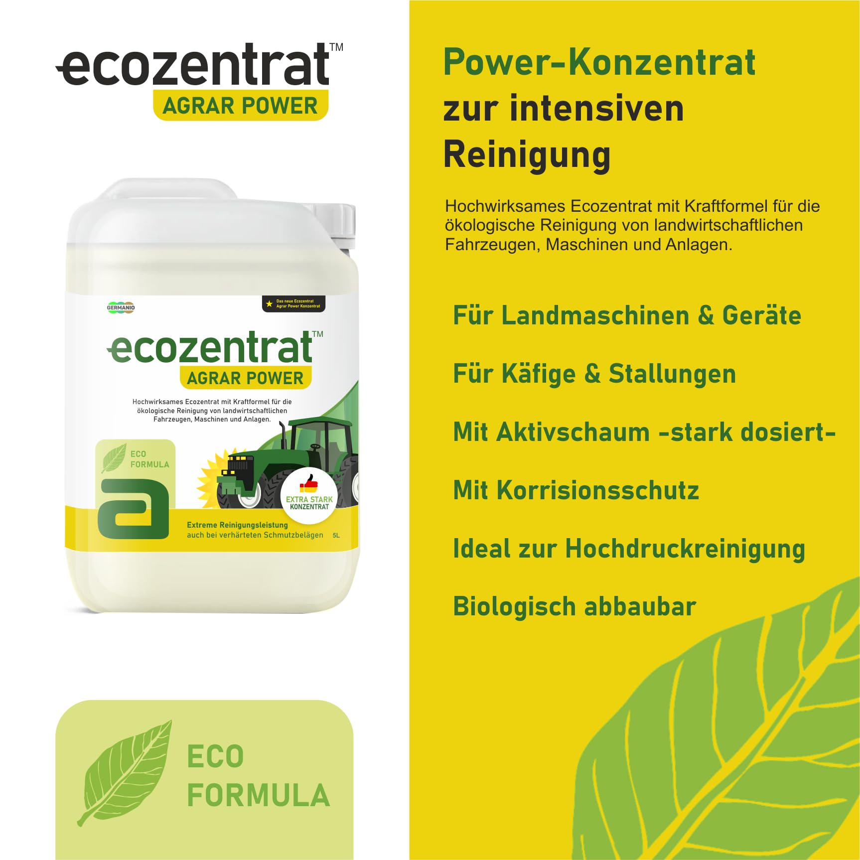 Ecozentrat™ AgrarPower Landmaschinenreiniger Konzentrat | Entfernt Schmutz & Hartnäckige Rückstände | Lackschonend | Für Hochdruckreiniger | Extrem Ergiebig | Eco-Formel