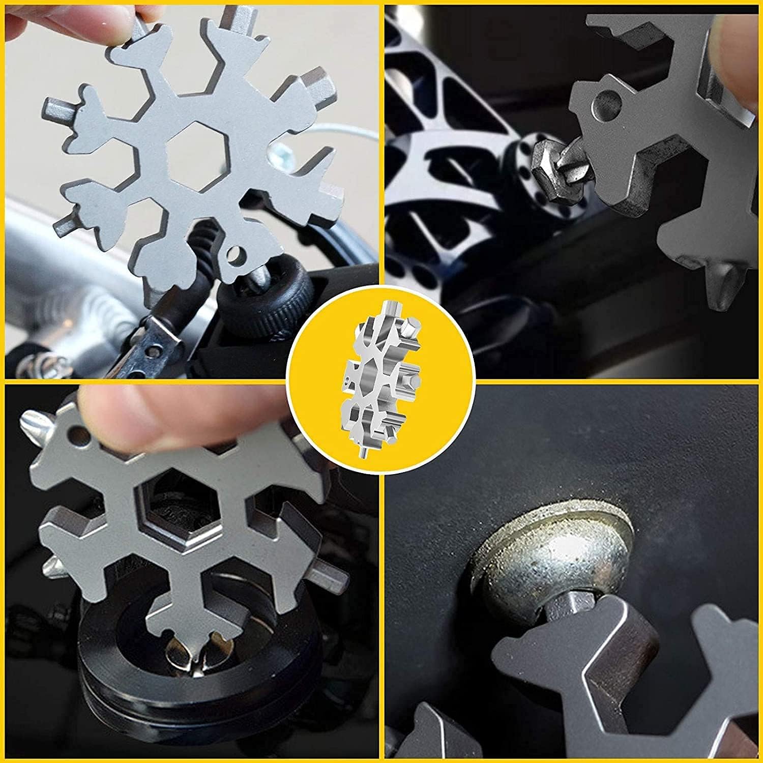 Snowflake Multi-Tool, 2 Pcs 18-in-1 Snowflake Tool Stainless Steel with Storage Bag, Key Ring and Carabiner Clip (Silver)