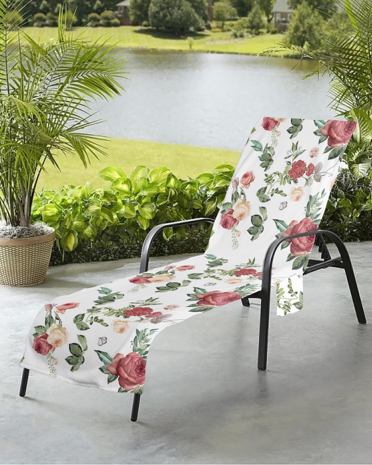 Rose Floral Beach Chair Towel Covers for Chaise Lounge with Side Pocket, Soft Plush Pool Towels Cover for Patio Sunbathing Outdoor 29''x85'' Retro Country Plant Flower Leaves