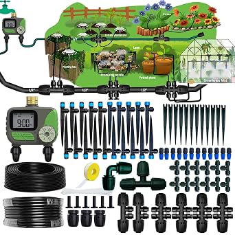 Drip Irrigation System with Water Timer for Garden,Main ID 1/2inch 32Ft and 1/4inch 136Ft Water Hose, 2-Zone Automatic Watering System Sufficient Water, Irrigation Dripper Waterflow Evenly Easy DIY