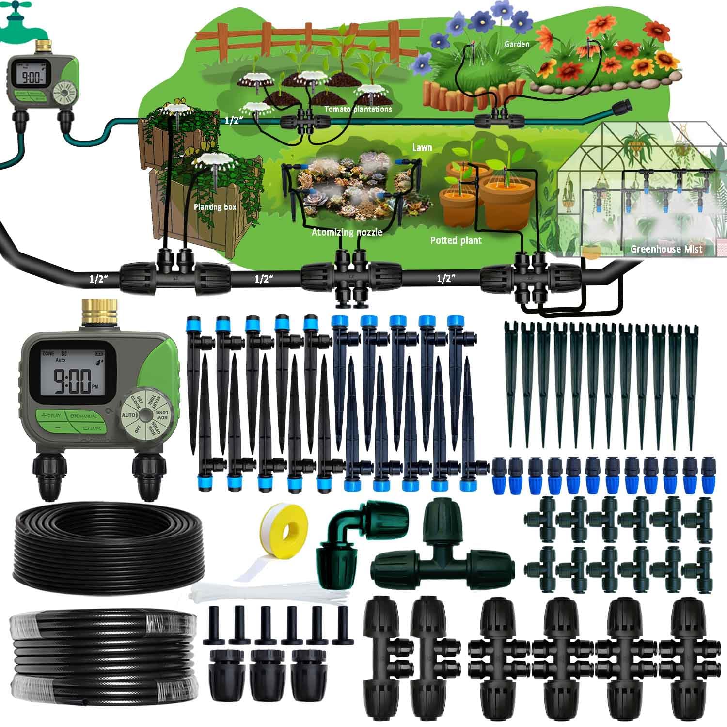 Sistema di irrigazione a goccia con timer dell'acqua per giardino, ID principale 1/2" 32Ft e 1/4" 136Ft Tubo dell'acqua, sistema di irrigazione automatico a 2 zone Acqua sufficiente, gocciolatore di