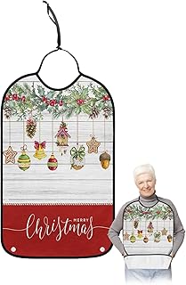 Adult Bibs for Elderly Women - Merry Christmas Waterproof Dining Clothing Protectors with Crumb Catcher for Eating/Feeding, Xmas Balls Pine Cones Berry Botanical Terry Cloth Bib Machine Washable